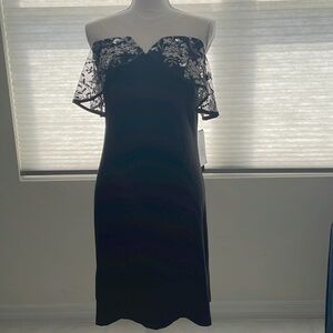 NWT - MSK Black illusion off shoulder evening dress. Size: medium.